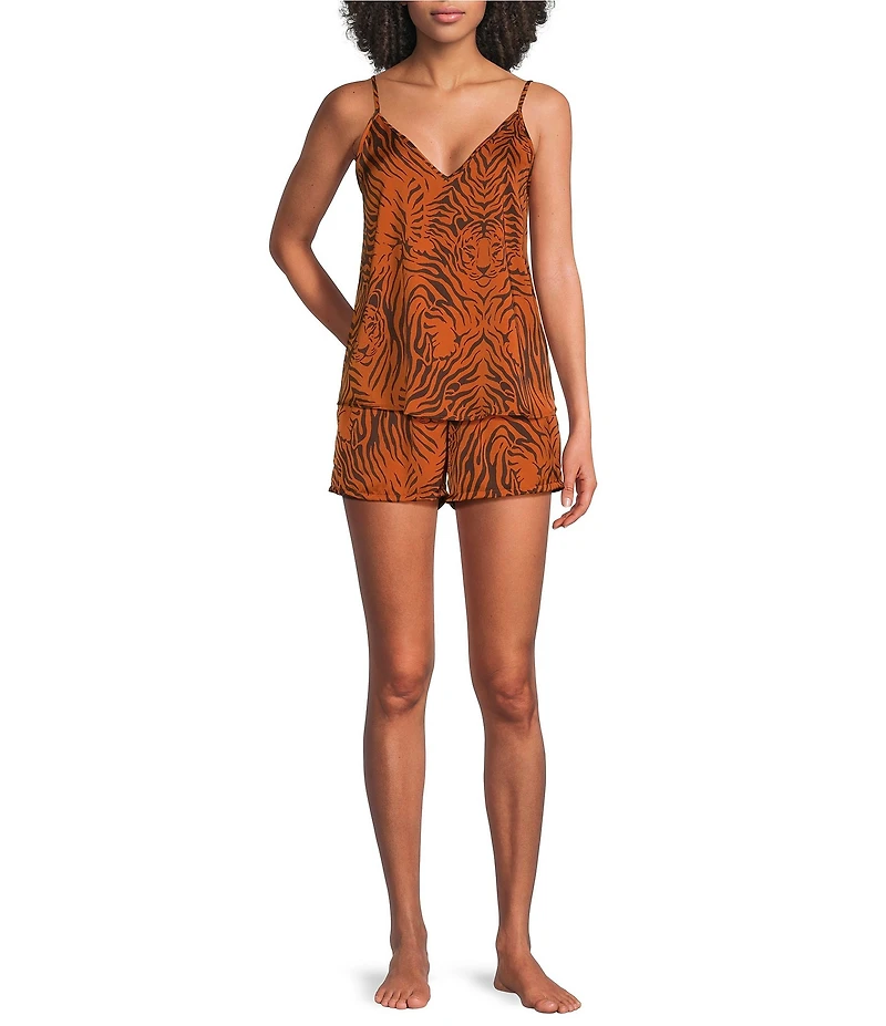 VAN WINKLE & CO. Woven Satin Wild Tiger Print Sleeveless V-Neck Coordinating Sleep Top