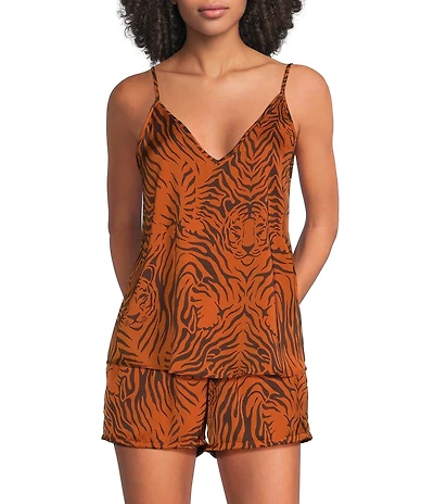 VAN WINKLE & CO. Woven Satin Wild Tiger Print Sleeveless V-Neck Coordinating Sleep Top