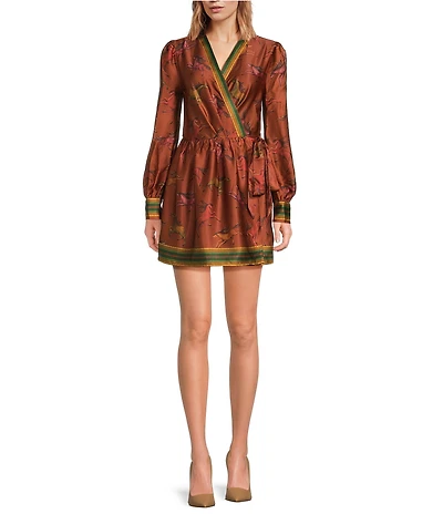 Vanessa Equestrian Printed V Neckline Bracelet Length Sleeve Satin Dress