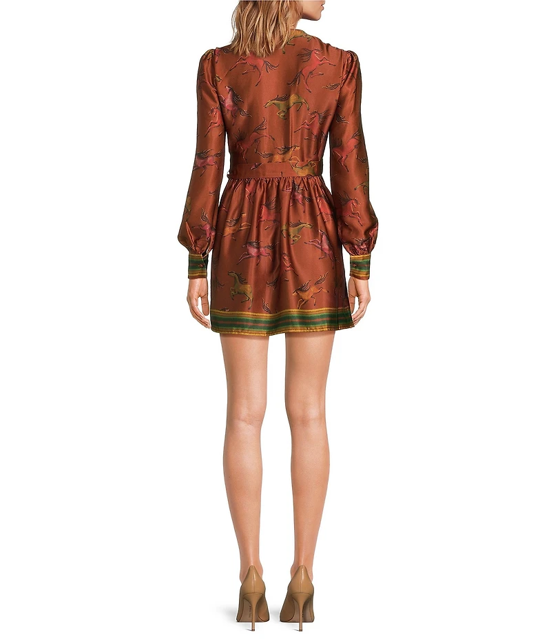 Vanessa Equestrian Printed V Neckline Bracelet Length Sleeve Satin Dress