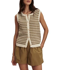 Varley Aura Textured Diamon Knit Crew Neck Sleeveless Button Front Top
