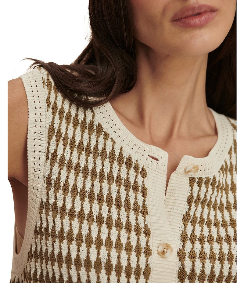 Varley Aura Textured Diamon Knit Crew Neck Sleeveless Button Front Top