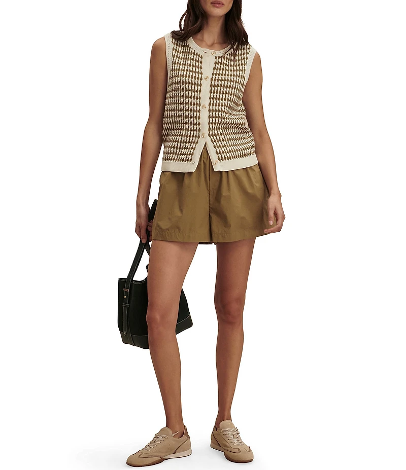 Varley Aura Textured Diamon Knit Crew Neck Sleeveless Button Front Top