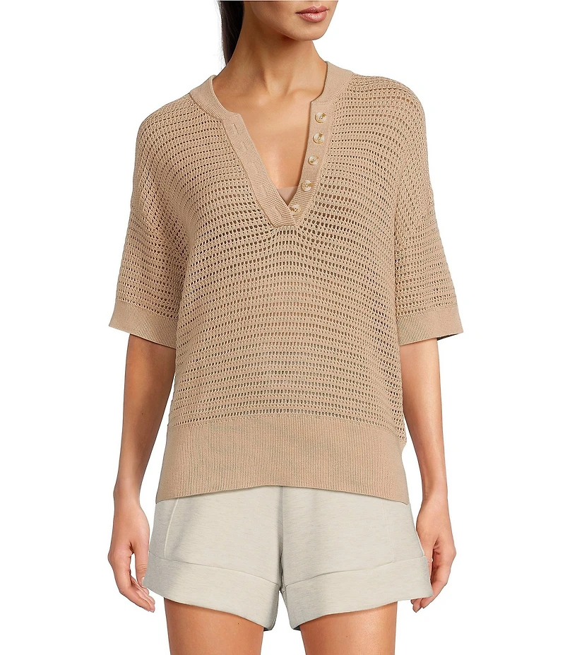 Varley Callie Knit Boxy Split V-Neck Short Sleeve Top