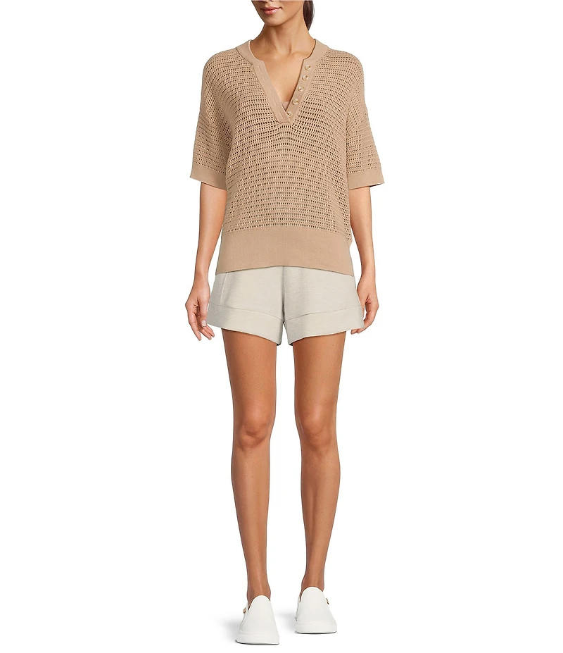Varley Callie Knit Boxy Split V-Neck Short Sleeve Top
