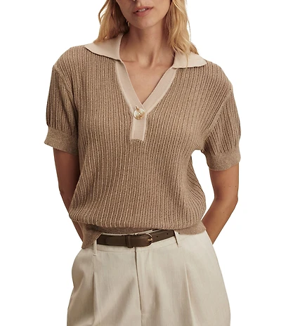 Varley Perrine Collared V-Neck Short Sleeve Knit Polo Top