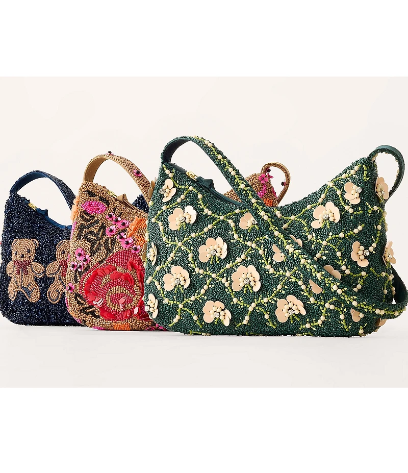 Vera Bradley Mini Roxbury Crescent Mistletoe Lattice Beaded Zip-Top Shoulder Bag