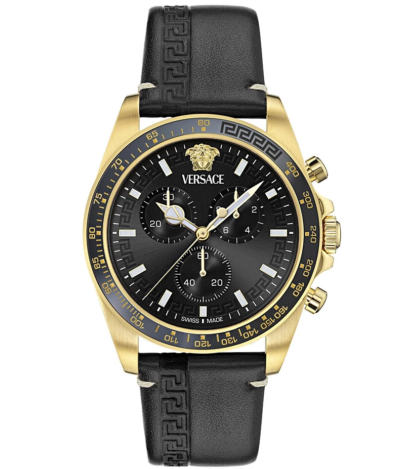 Versace Men's Greca Chrono Wave Black Leather Strap Watch