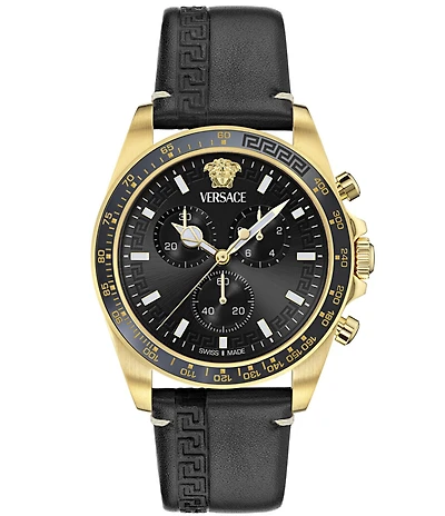 Versace Men's Greca Chrono Wave Black Leather Strap Watch