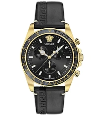Versace Men's Greca Chrono Wave Black Leather Strap Watch