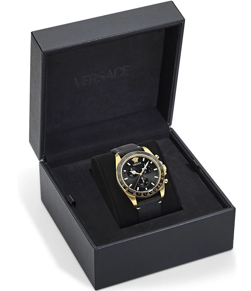 Versace Men's Greca Chrono Wave Black Leather Strap Watch