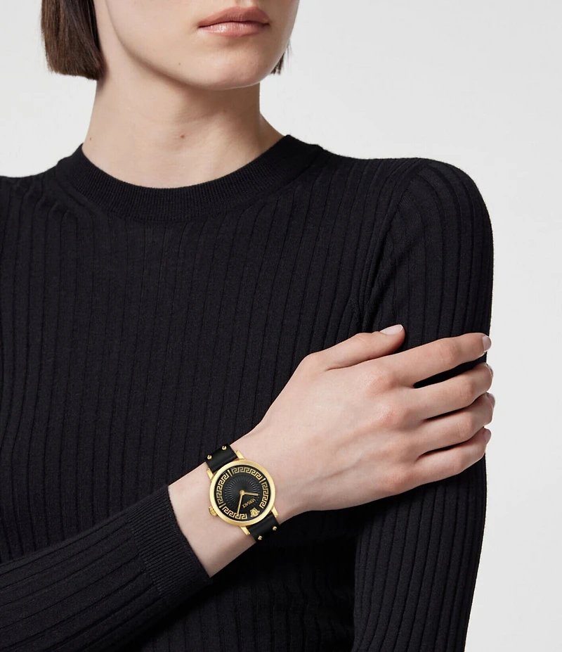 Versace Women's Greca Fortuna Analog Black Leather Strap Watch
