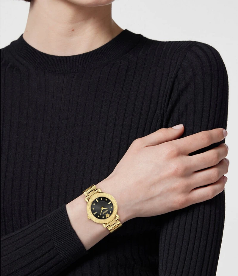 Versace Women's Greca Sphere Analog Gold Tone Black Dial Stainless Steel Bracelet Watch