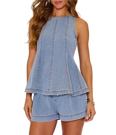 VICI Collection Coordinating Denim Contrast Seam Crew Neck Sleeveless Peplum Blouse
