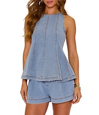 VICI Collection Coordinating Denim Contrast Seam Crew Neck Sleeveless Peplum Blouse
