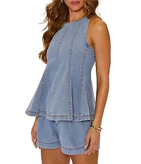 VICI Collection Coordinating Denim Contrast Seam Crew Neck Sleeveless Peplum Blouse
