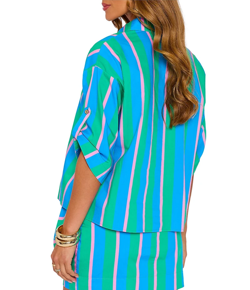 VICI Collection Coordinating Multi Stripe Point Collar Roll Sleeve Button Front Blouse