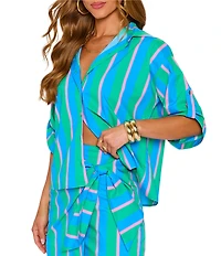 VICI Collection Coordinating Multi Stripe Point Collar Roll Sleeve Button Front Blouse