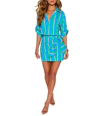 VICI Collection Coordinating Multi Stripe Point Collar Roll Sleeve Button Front Blouse