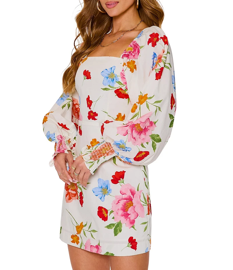 VICI Collection Cotton Floral Square Neck Puff Long Sleeve Mini Dress