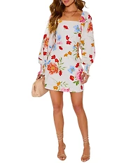 VICI Collection Cotton Floral Square Neck Puff Long Sleeve Mini Dress
