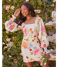 VICI Collection Cotton Floral Square Neck Puff Long Sleeve Mini Dress