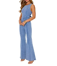 VICI Collection Crew Neck Sleeveless Front Seam Denim Flared Jumpsuit