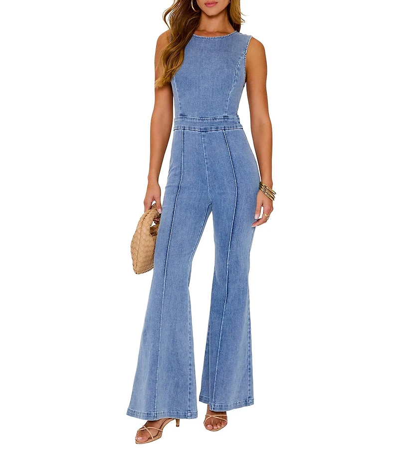 VICI Collection Crew Neck Sleeveless Front Seam Denim Flared Jumpsuit