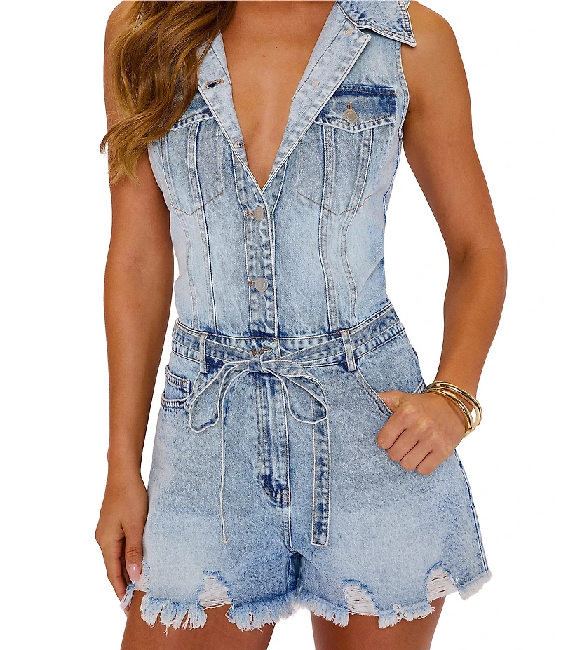 VICI Collection Denim Collared Sleeveless Tie Belt Frayed Hem Romper