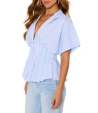 VICI Collection Striped Collared Short Sleeve Button Front Peplum Blouse