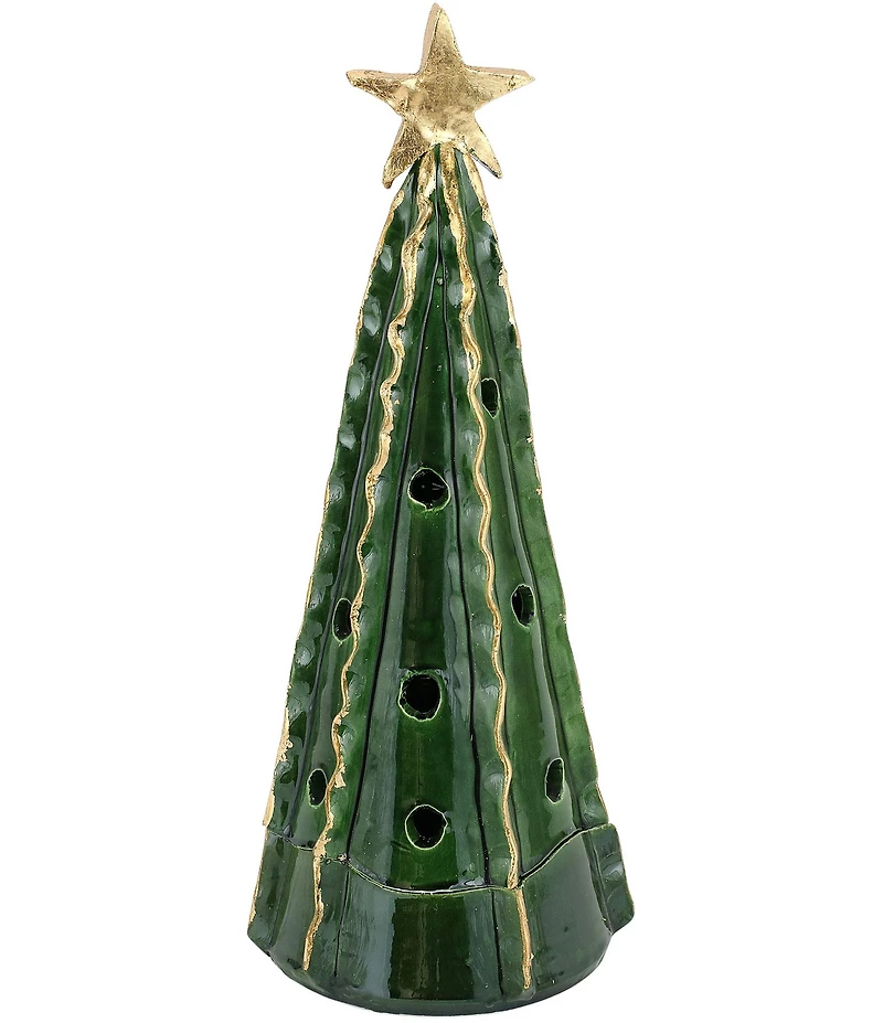 VIETRI Holiday Foresta Collection Large Green Christmas Tree with Ribbon & Gold Star Figurine