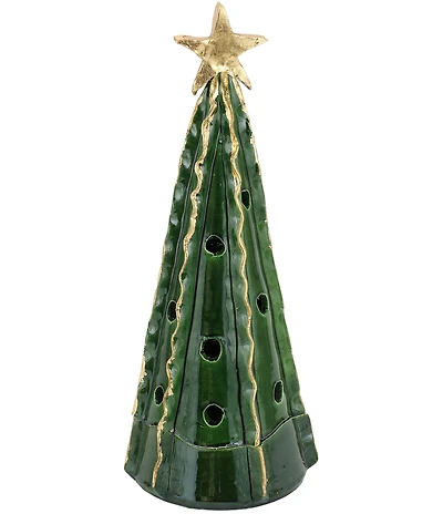 VIETRI Holiday Foresta Collection Large Green Christmas Tree with Ribbon & Gold Star Figurine
