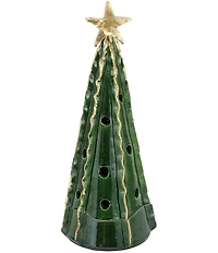 VIETRI Holiday Foresta Collection Large Green Christmas Tree with Ribbon & Gold Star Figurine