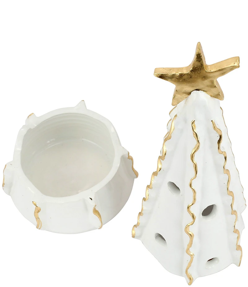 VIETRI Holiday Foresta Collection White Large Christmas Tree with Ribbon & Gold Star Figurine