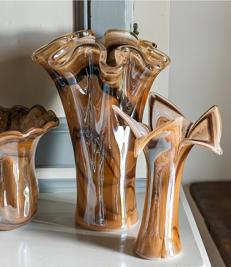 VIETRI Onda Glass Tortoise Shell Collection Twisted Flower Vase