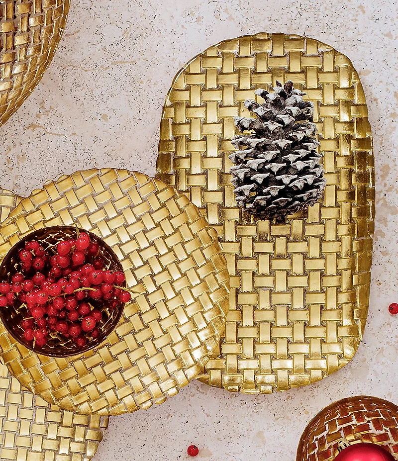 VIETRI Rufolo Glass Gold Basketweave Large Rectangular Tray