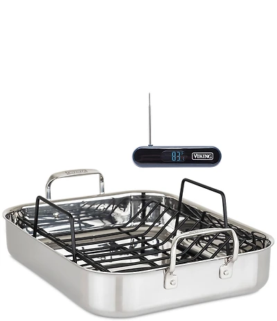 Viking 3-Ply Stainless Steel Roaster with Rack and Bonus Digital Thermometer