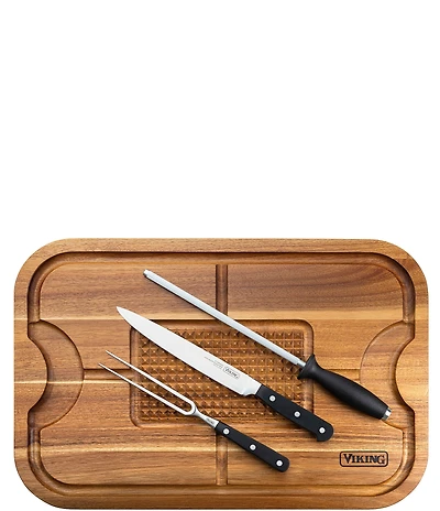 Viking Acacia Wood Cutting Board with 3-Piece German Steel Carving Set