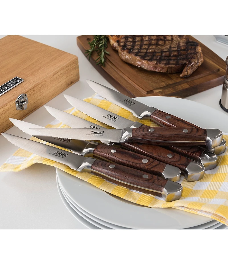 Viking Steakhouse Pakka Wood 6-Piece Black Steak Knife Set with Commemorative Box