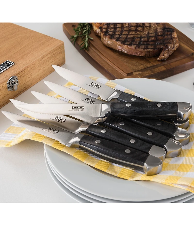 Viking Steakhouse Pakka Wood 6-Piece Black Steak Knife Set with Commemorative Box