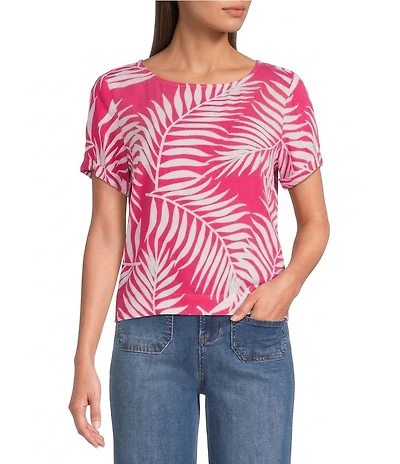 Vince Camuto Tropical Palm Print Woven Crew Neck Short Sleeve Blouse