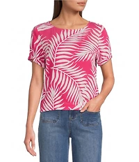 Vince Camuto Tropical Palm Print Woven Crew Neck Short Sleeve Blouse