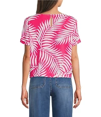 Vince Camuto Tropical Palm Print Woven Crew Neck Short Sleeve Blouse
