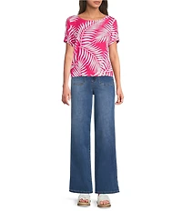 Vince Camuto Tropical Palm Print Woven Crew Neck Short Sleeve Blouse