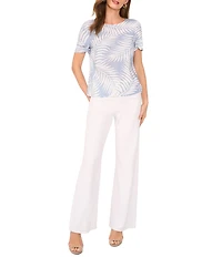 Vince Camuto Tropical Palm Print Woven Crew Neck Short Sleeve Blouse