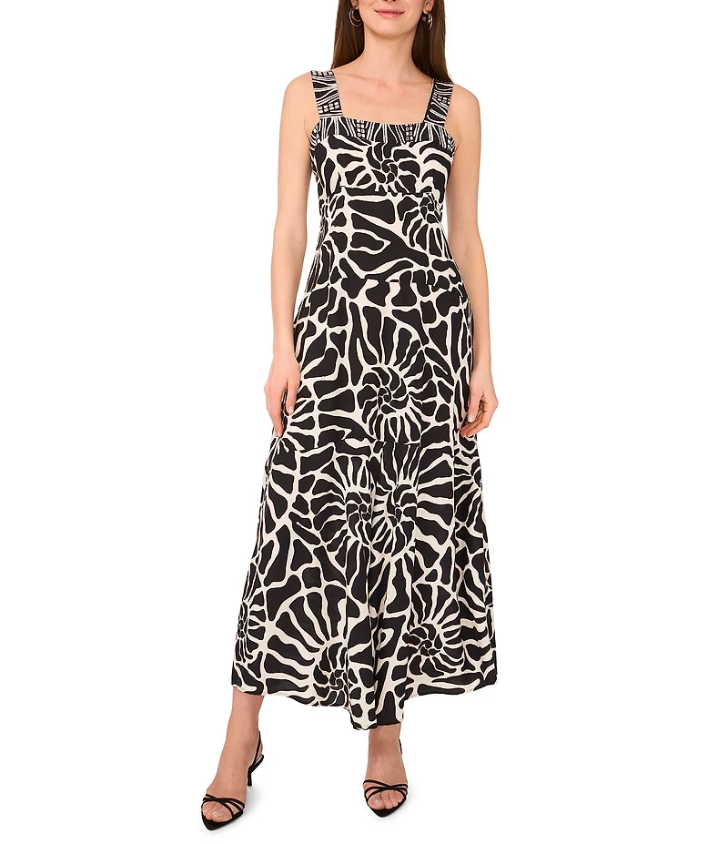 Vince Camuto Abstract Printed Square Neck Sleeveless Tiered Maxi Shift Dress