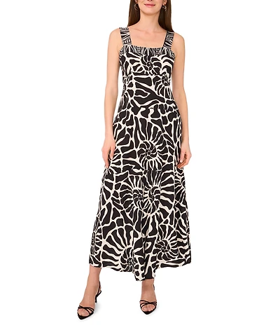 Vince Camuto Abstract Printed Square Neck Sleeveless Tiered Maxi Shift Dress