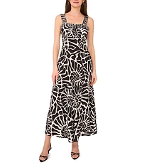 Vince Camuto Abstract Printed Square Neck Sleeveless Tiered Maxi Shift Dress