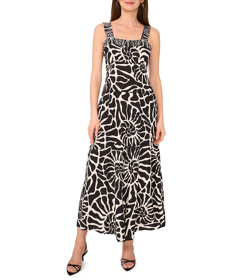 Vince Camuto Abstract Printed Square Neck Sleeveless Tiered Maxi Shift Dress