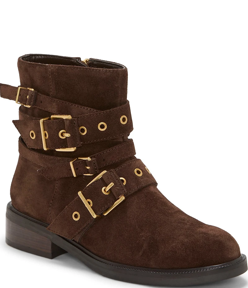 Vince Camuto Arielle Suede Multi Buckle Hardware Moto Booties